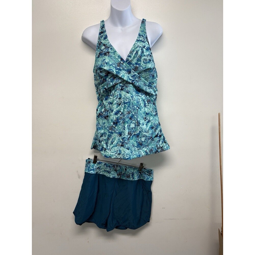 Tempt Me Women's XL Teal Paisley Tankini Two-Piece Swim Suit NWT full Coverage